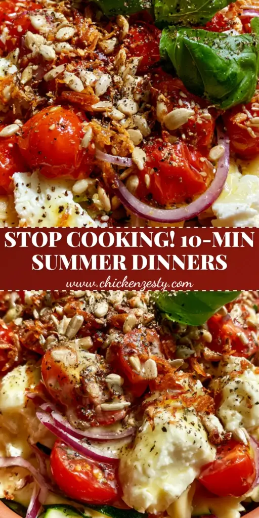 Summer Dinner Recipes: Mediterranean Zucchini Ribbon and Chilled Farfalle Bowl 4 A top-down view of a Mediterranean-style pasta bowl with zucchini ribbons and tomatoes. (summer dinner recipes)