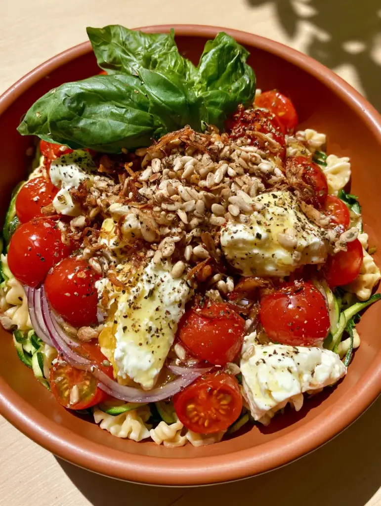 Summer Dinner Recipes: Mediterranean Zucchini Ribbon and Chilled Farfalle Bowl 1 Close-up of crispy fried shallots and toasted sunflower seeds on a summer pasta salad.