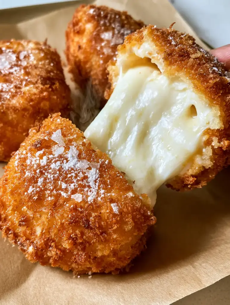 Deep Fried Marshmallows with Crispy Panko and Molten Centers 1 Close-up of golden-brown Deep Fried Marshmallows dusted with powdered sugar and microscopic sea salt crystals.