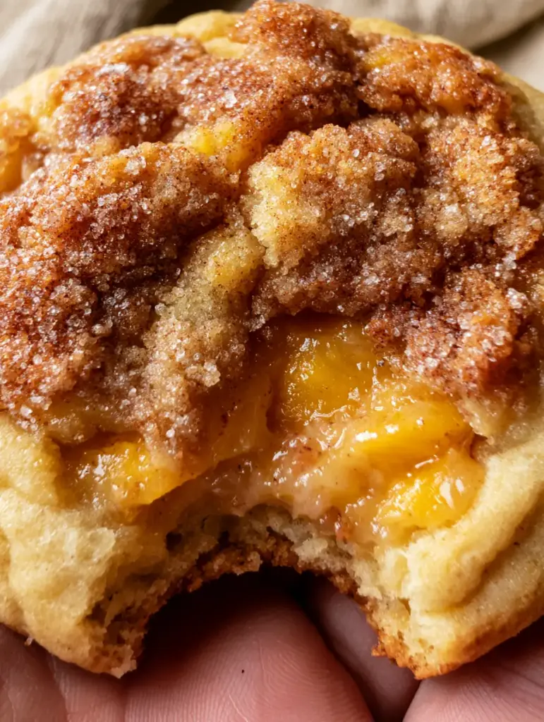 Peach Cobbler Cookies: The Ultimate Soft-Baked Crumbl Copycat 1 Side view of Peach Cobbler Cookies highlighting the crispy pale gold edges and buttery cinnamon oat streusel.
