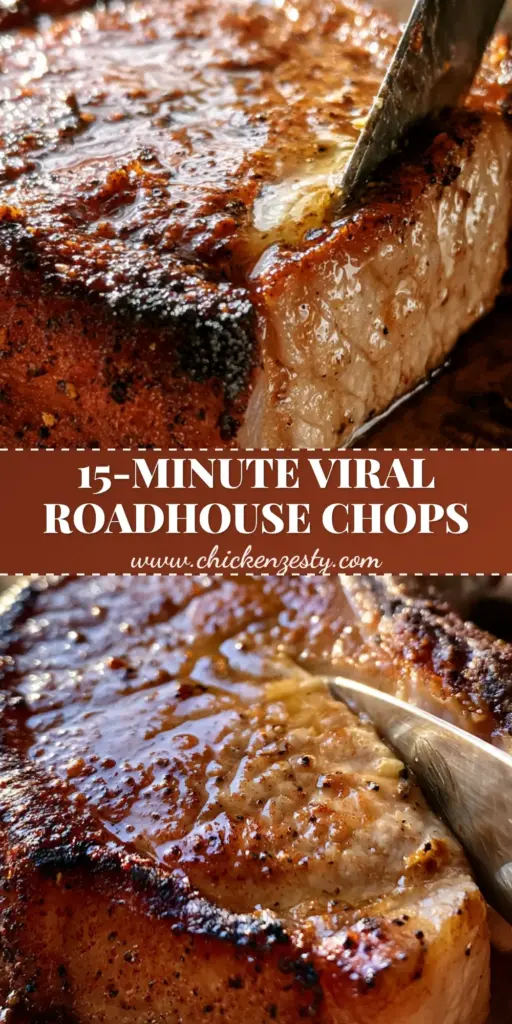 A thick-cut seared boneless pork chop being sliced on a wooden board, showing a dark reddish-brown rub and juicy center. (Texas Roadhouse pork chops recipe)