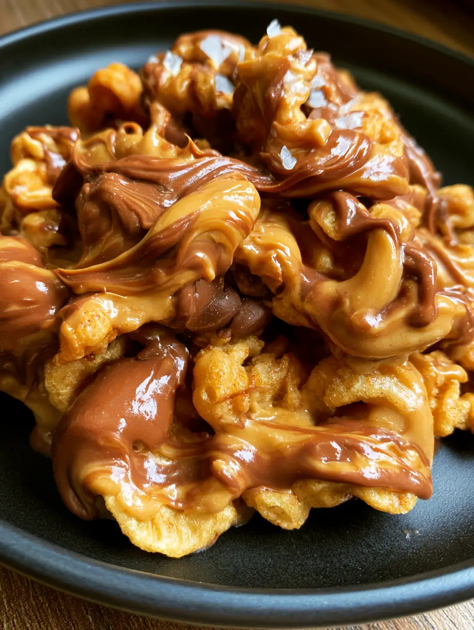 Extreme macro close-up of Peanut Butter Chocolate Frito Munch with shimmering milk chocolate drizzle and velvety peanut butter swirls.
