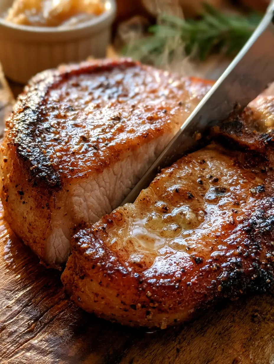 A close-up of a juicy pork chop with a deep caramelized crust and melted garlic butter. (Texas Roadhouse pork chops recipe)