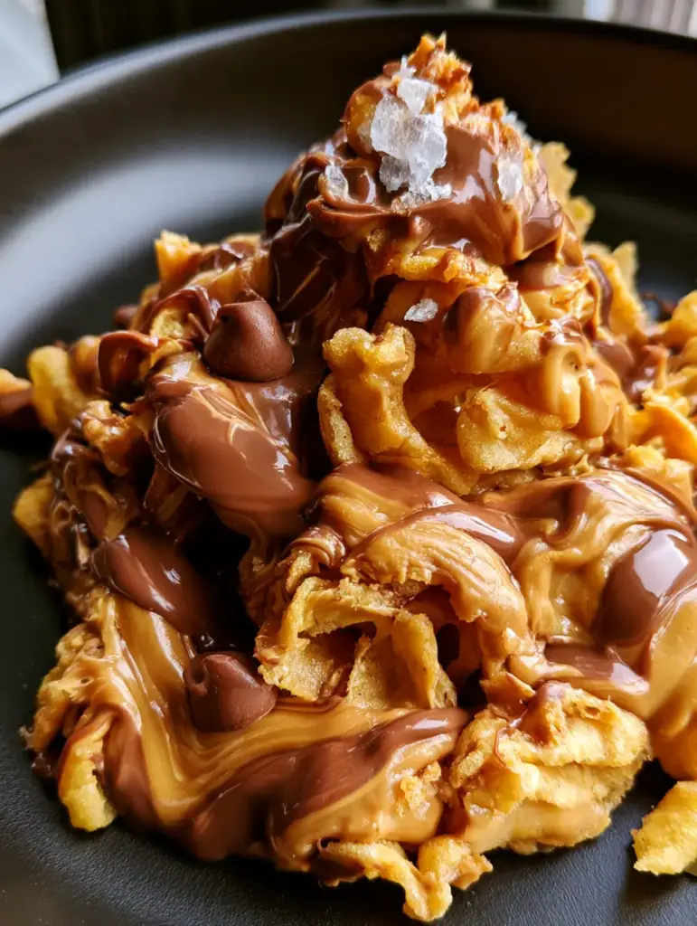Peanut Butter Chocolate Frito Munch clusters on a modern matte black plate showcasing golden corn chip ridges and chocolate morsels.