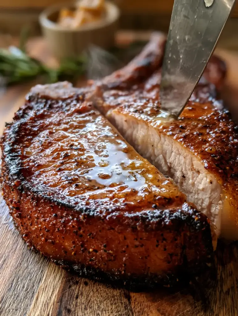 Slicing a thick-cut pork chop on a rustic wooden board with steam rising from the meat.