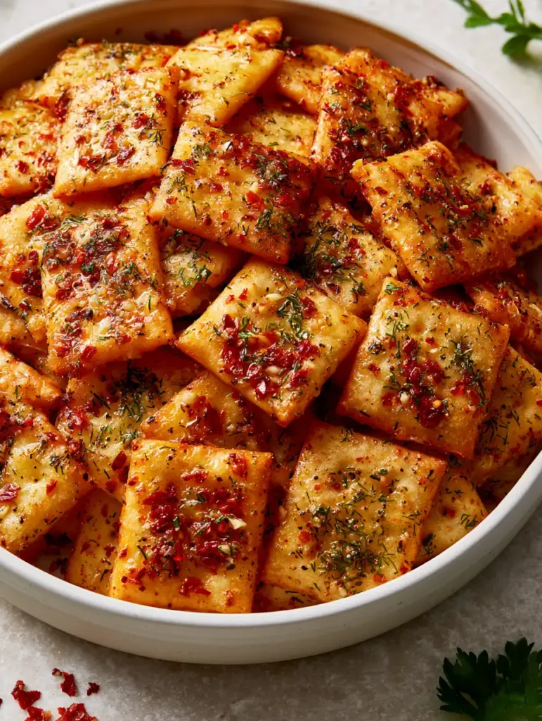 Southern fire crackers recipe: The Ultimate Spicy Alabama Snack Guide 1 Close up of golden-brown seasoned saltines on a stone countertop with parsley. (Southern fire crackers recipe)