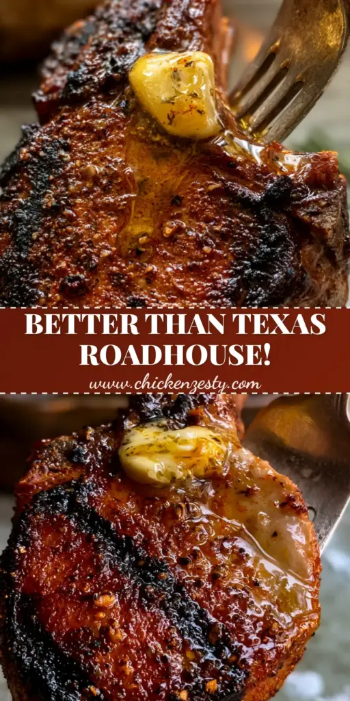 A close-up of a 2-inch thick bone-in Texas Roadhouse Pork Chop with a dark mahogany sear and melting herb butter. (Texas Roadhouse Pork Chops)