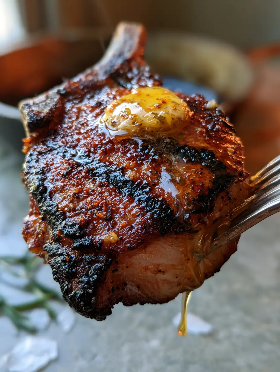 Macro photo of a thick pork chop held by a fork, showing juicy interior and mahogany crust. (Texas Roadhouse Pork Chops)