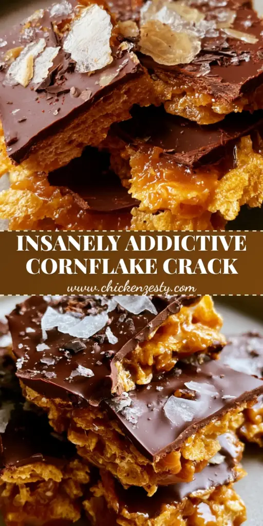 A heap of broken Cornflake Crack Crunch bark featuring golden cereal, amber caramel, and glossy dark chocolate with Maldon sea salt flakes.