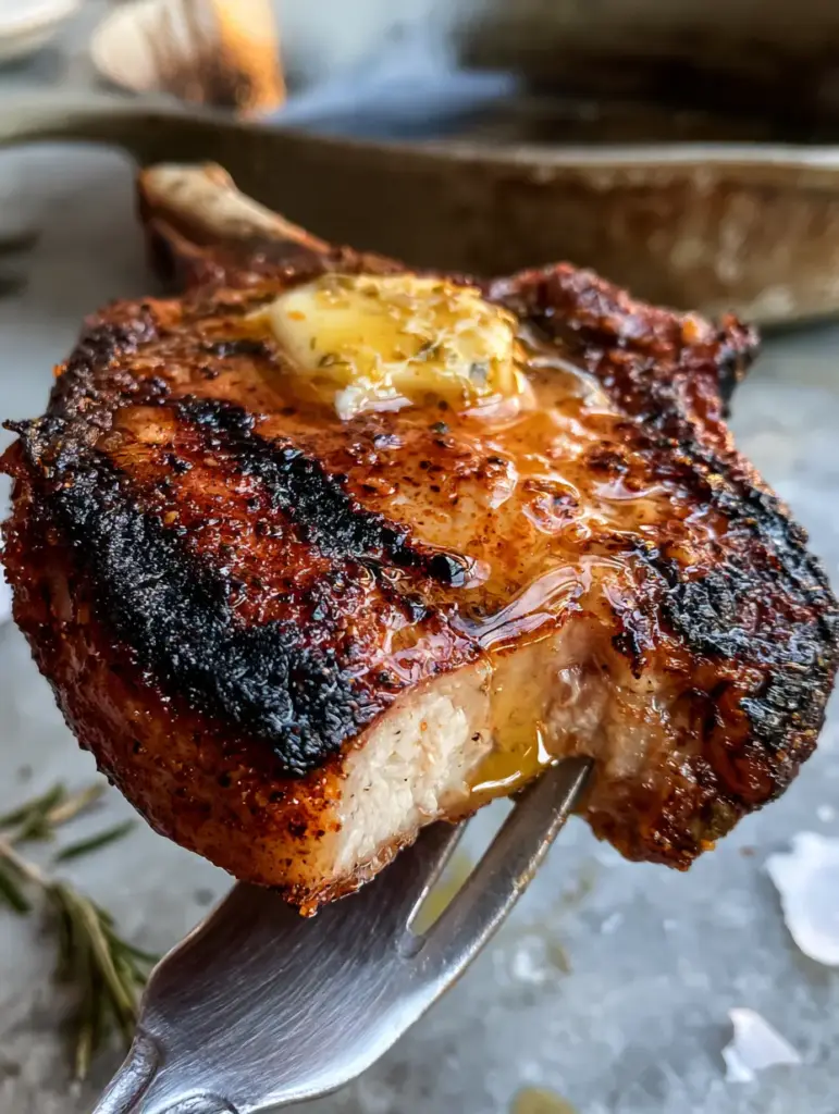 Handheld smartphone photo of a seared pork chop with black grill marks and melting butter.