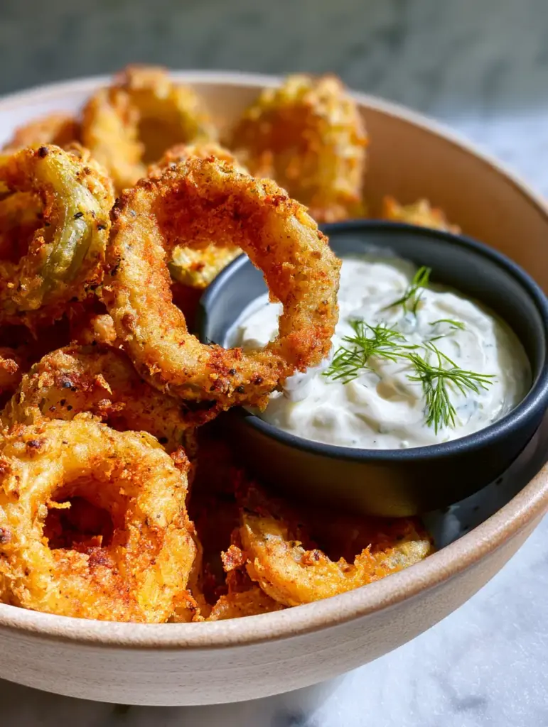 Air Fryer Banana Peppers: The Ultimate Extra-Crispy Appetizer Recipe 1 A pepper ring being dipped into a creamy white ranch dressing garnished with fresh dill. (air fryer banana peppers)