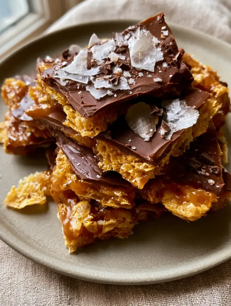 Jagged shards of dark chocolate covered Cornflake Crack Crunch garnished with translucent Maldon sea salt flakes.