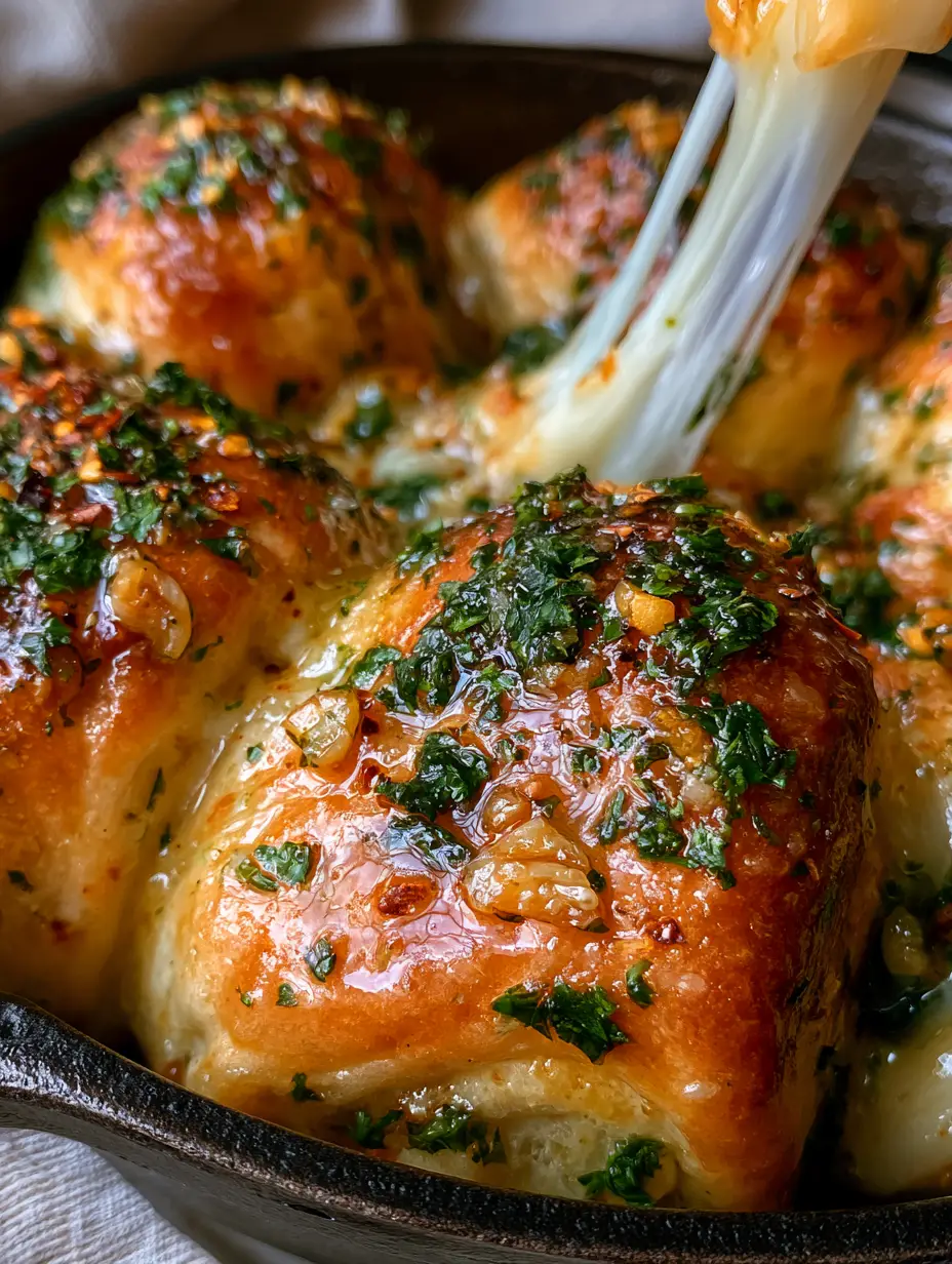 Extreme macro of pull-apart bread bites with melted mozzarella cheese stretch and toasted garlic bits. (garlic snacks)