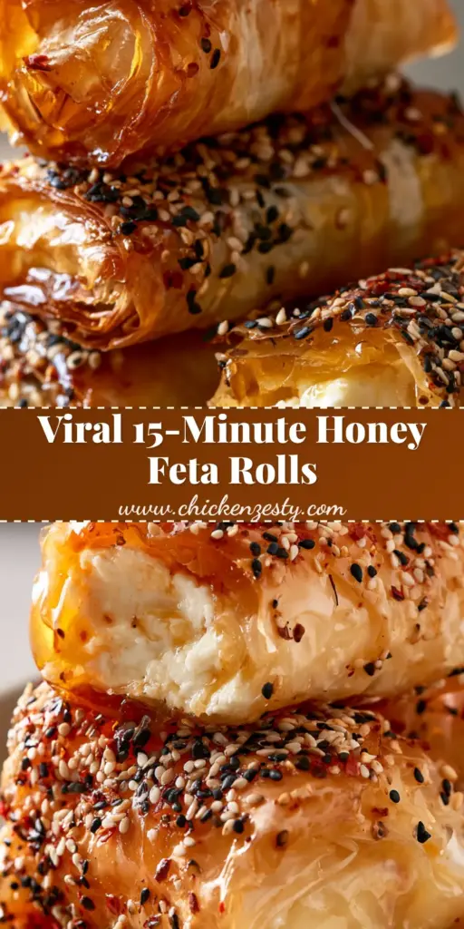 A stack of three golden-brown Crispy Feta Rolls drizzled with amber honey and sprinkled with black and white sesame seeds on a stone plate.