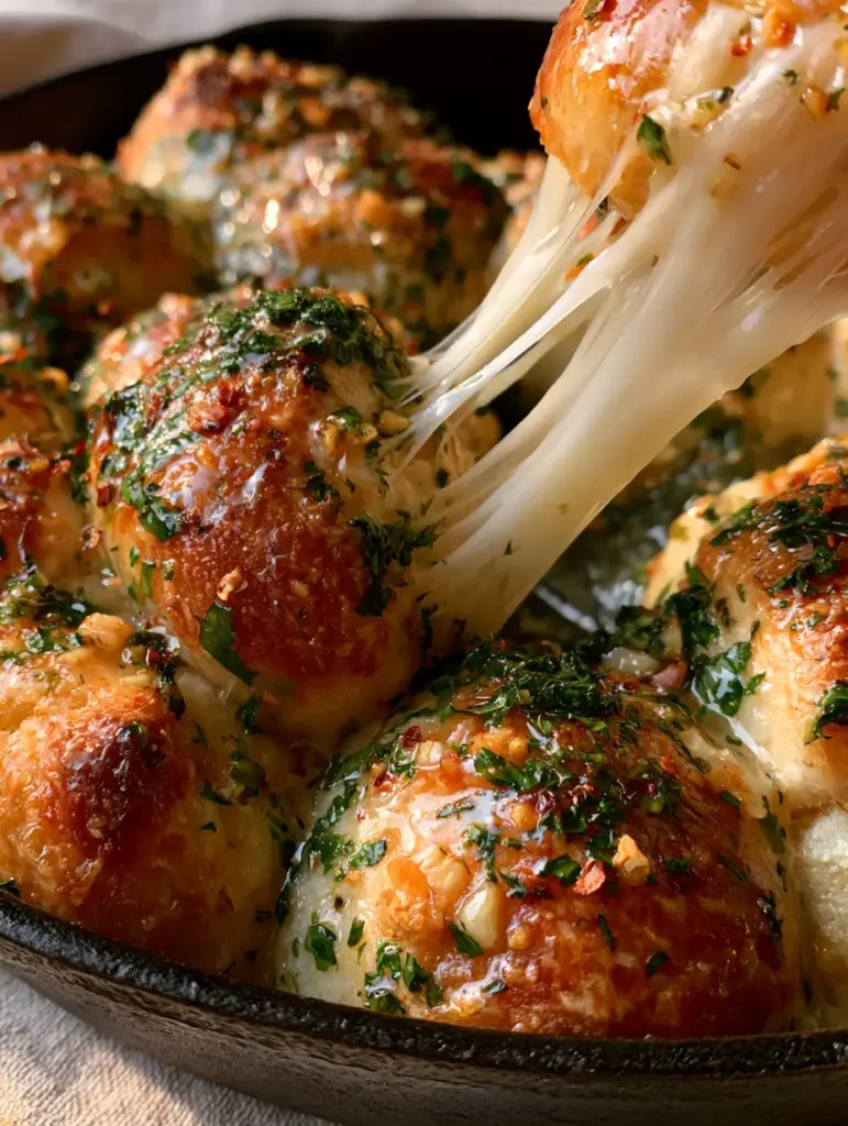 Macro view of glistening garlic butter glaze on golden-brown dough balls with fresh parsley and red pepper flakes. (garlic snacks)