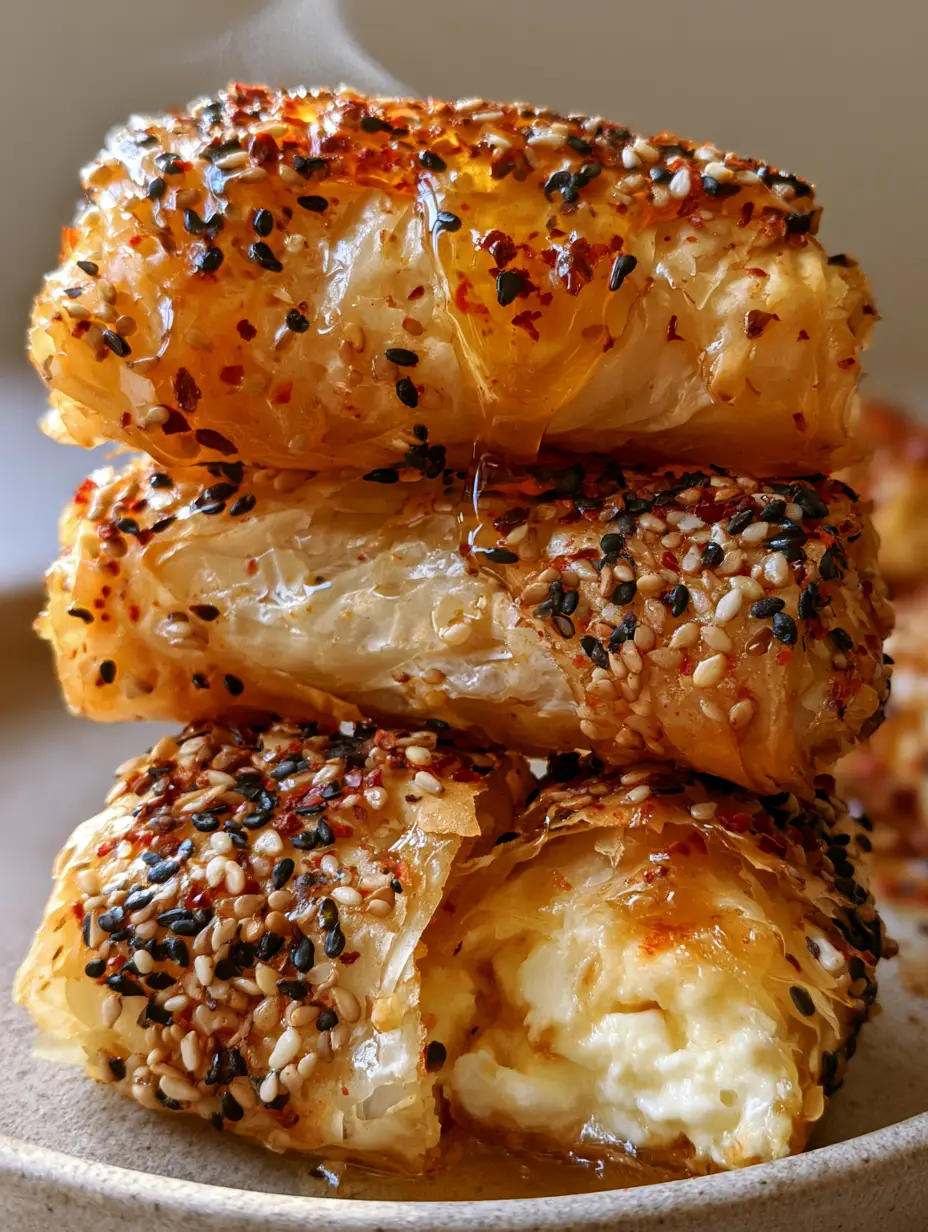 Macro photo of shatter-crisp phyllo pastry layers on Crispy Feta Rolls with glistening honey. (Crispy Feta Rolls)