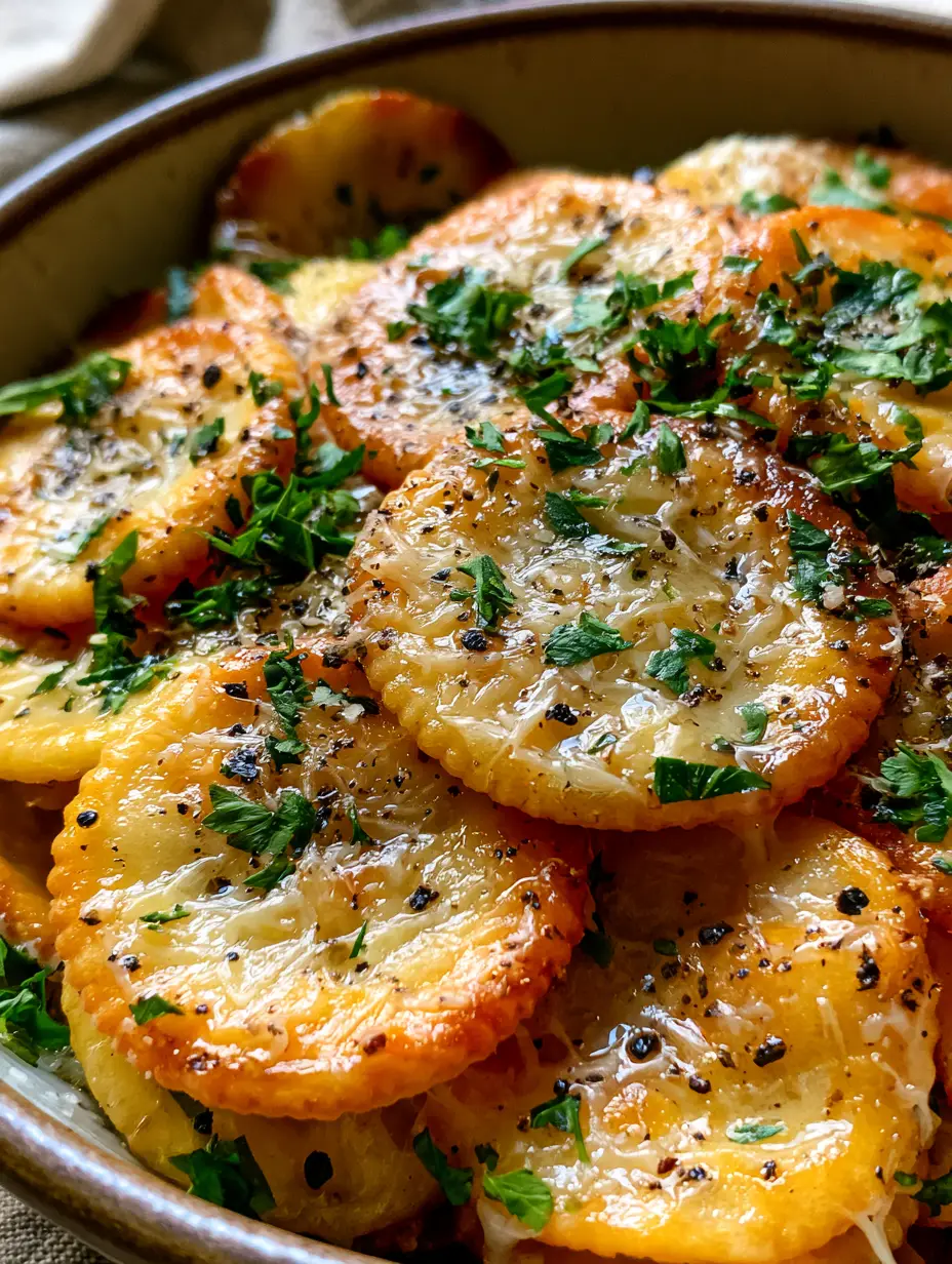 Close-up photo of Garlic Ritz Snack crackers in a rustic bowl with visible garlic butter bubbles and melted parmesan.
