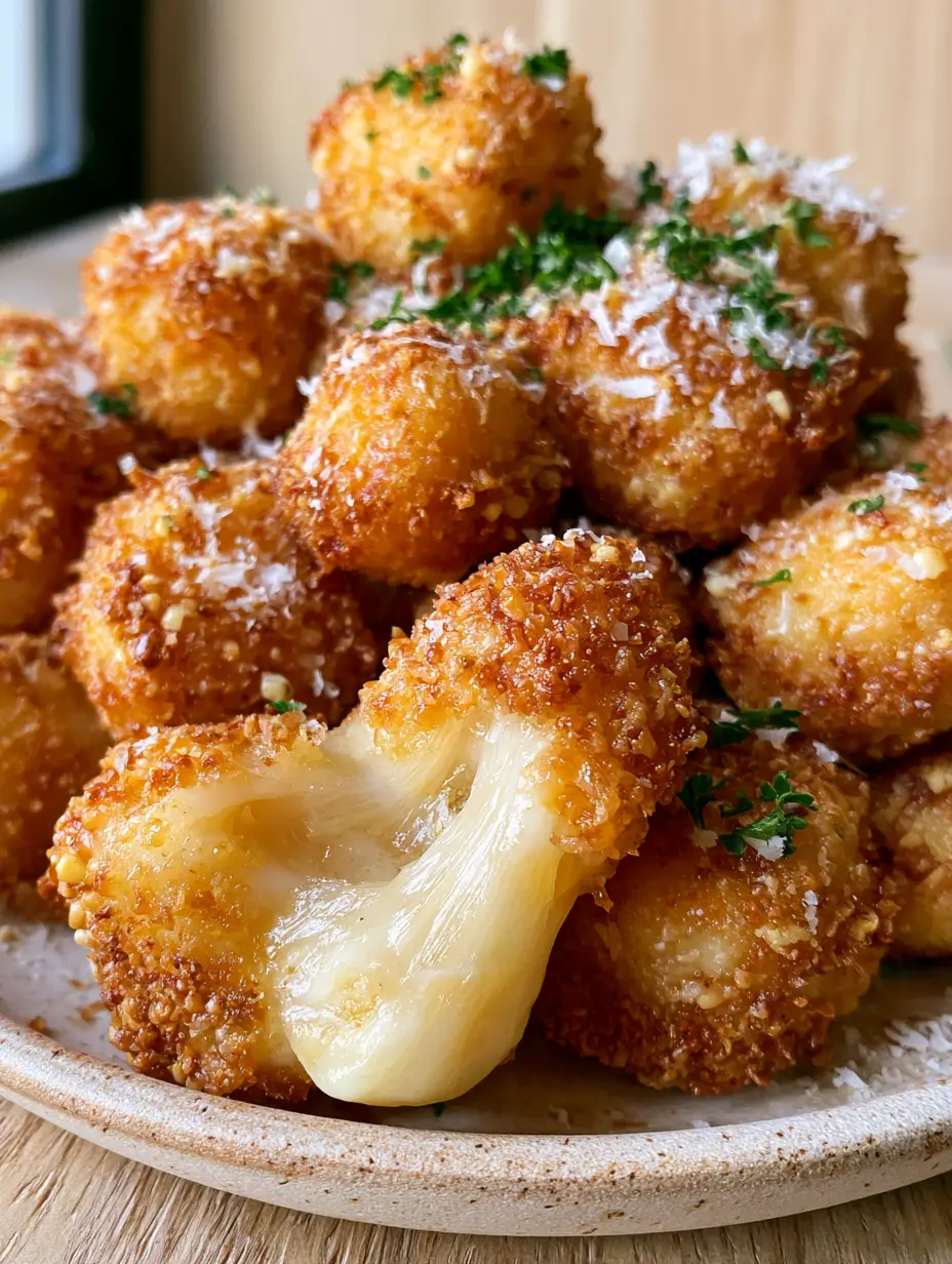 Macro photo of golden-brown parmesan mozzarella bites on a rustic plate showing thick bubbly crust. (parmesan mozzarella bites)
