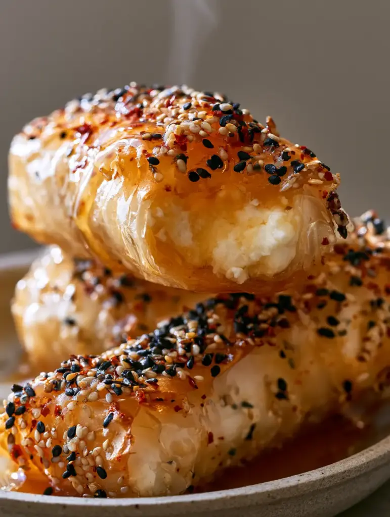 One Crispy Feta Roll broken open to show the warm, dense white feta cheese center with steam rising.