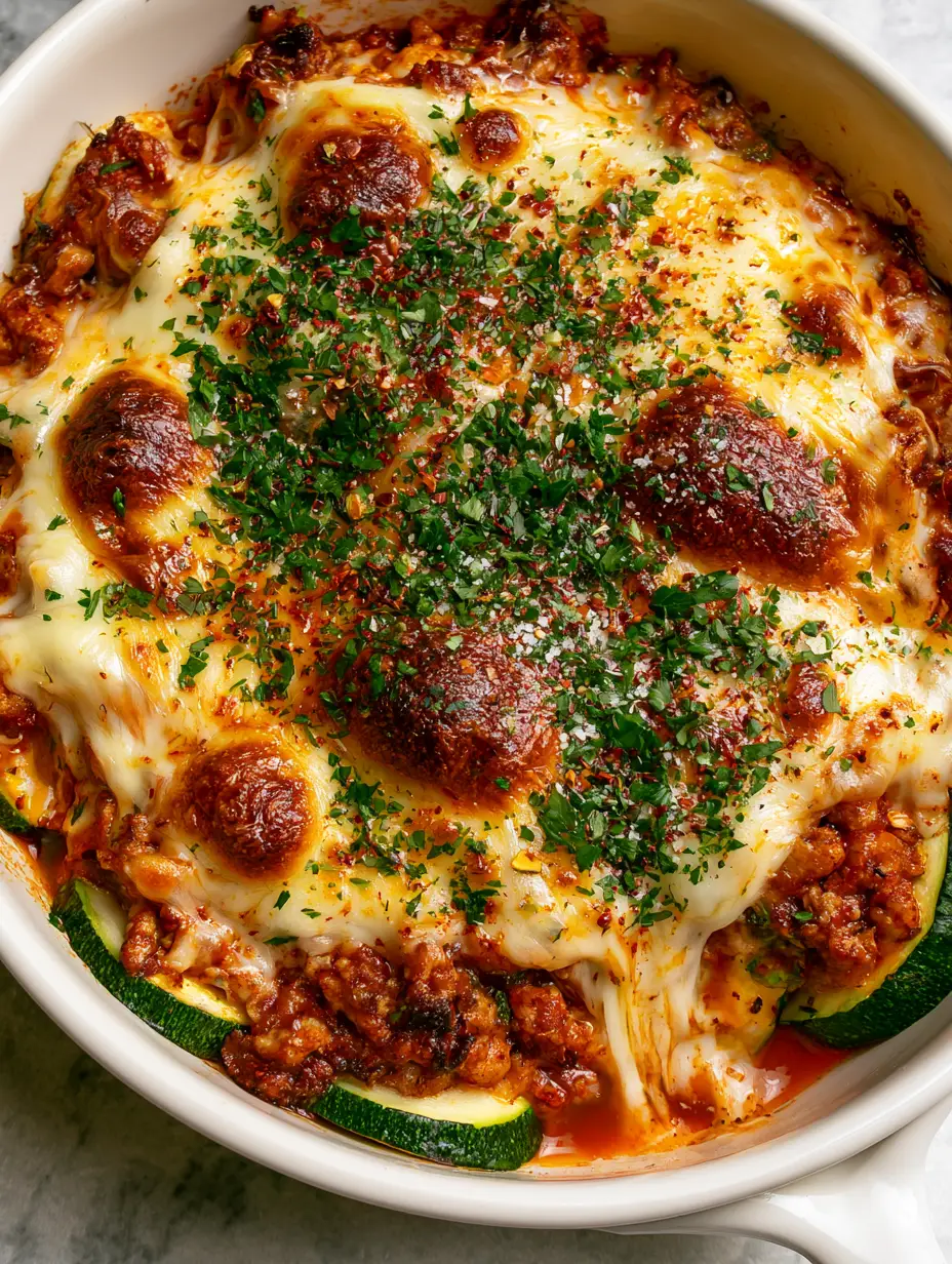 Ground Turkey Zucchini Casserole with Bubbly Mozzarella and Toasted Cheddar 3 Top-down macro shot of ground turkey zucchini casserole with thick melted mozzarella and vibrant green zucchini rounds.