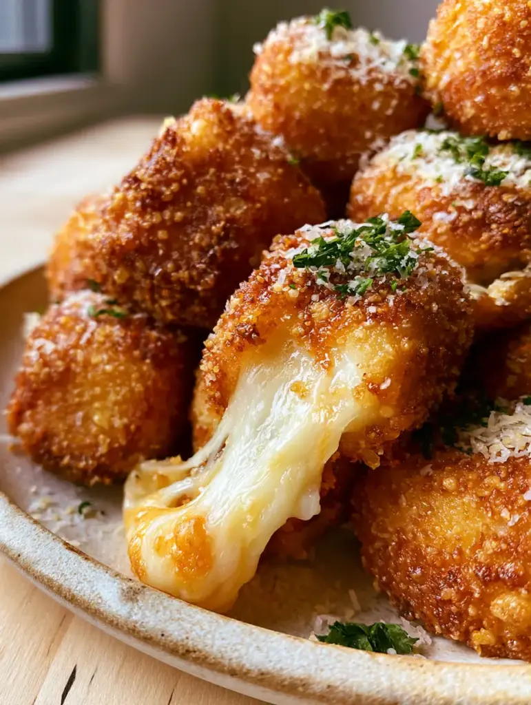 Stretchy cheese pull of a parmesan mozzarella bite held by hand over a wooden background.