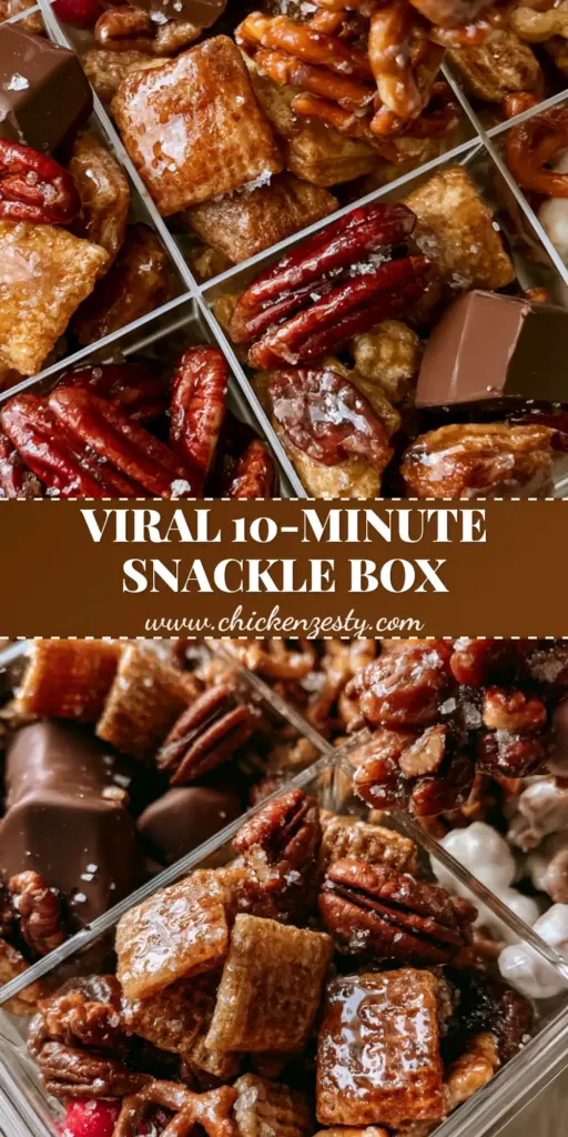 A top-down view of a gourmet snack mix with honey-glazed cereal, dark chocolate chunks, and red candy-coated chocolates in a clear acrylic box.
