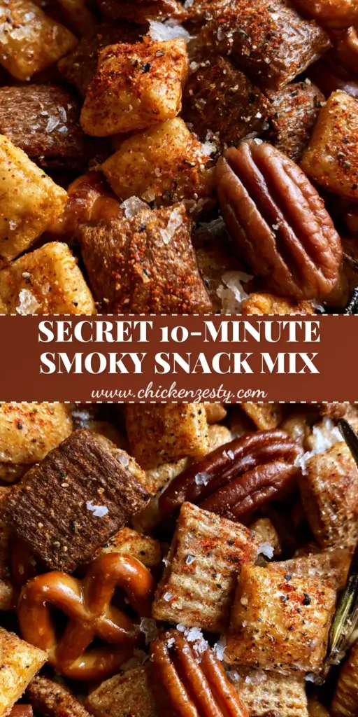 Smoky Snack Mix: The Ultimate Gourmet Savory Blend for Entertaining 4 A top-down view of Smoky Snack Mix in a black bowl featuring toasted corn, mahogany wheat cereal, and buttery pecans with smoked paprika dust. (Smoky Snack Mix)