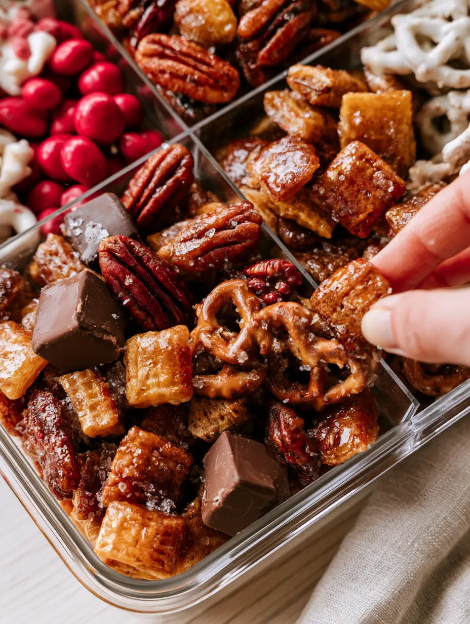 Close-up of a clear acrylic divided box filled with snack mix, showing shiny honey-roasted pecans and matte dark chocolate chunks. (snack mix)