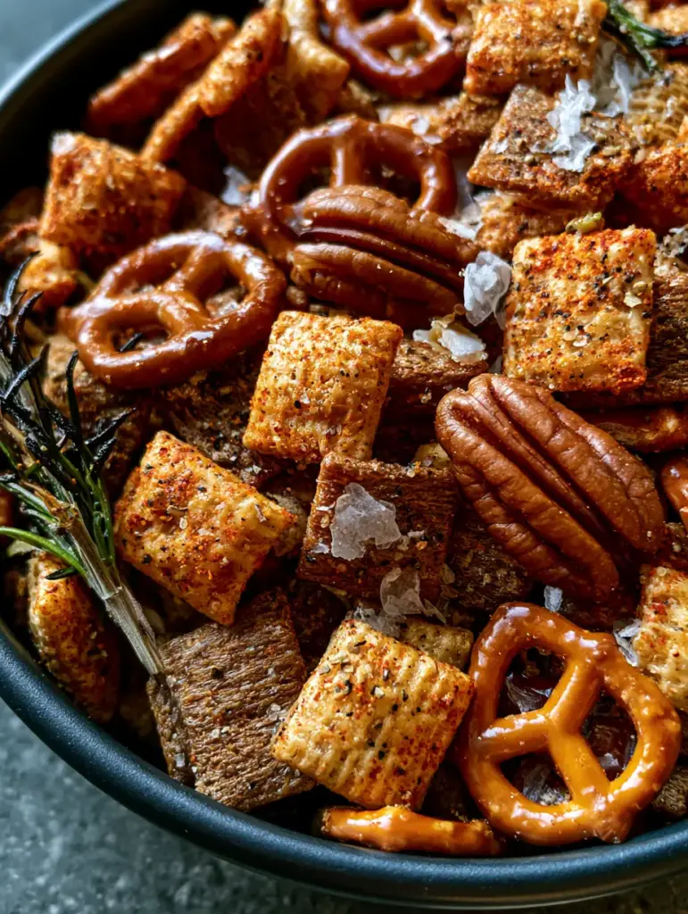 Smoky Snack Mix: The Ultimate Gourmet Savory Blend for Entertaining 2 Macro shot of Smoky Snack Mix showing visible cracked black pepper and Maldon salt crystals on toasted cereal. (Smoky Snack Mix)