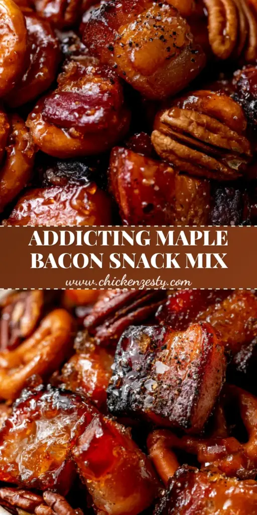 A tall Pinterest-style shot of a rustic bowl filled with maple bacon snack mix, highlighting glistening maple glaze and thick candied bacon chunks.