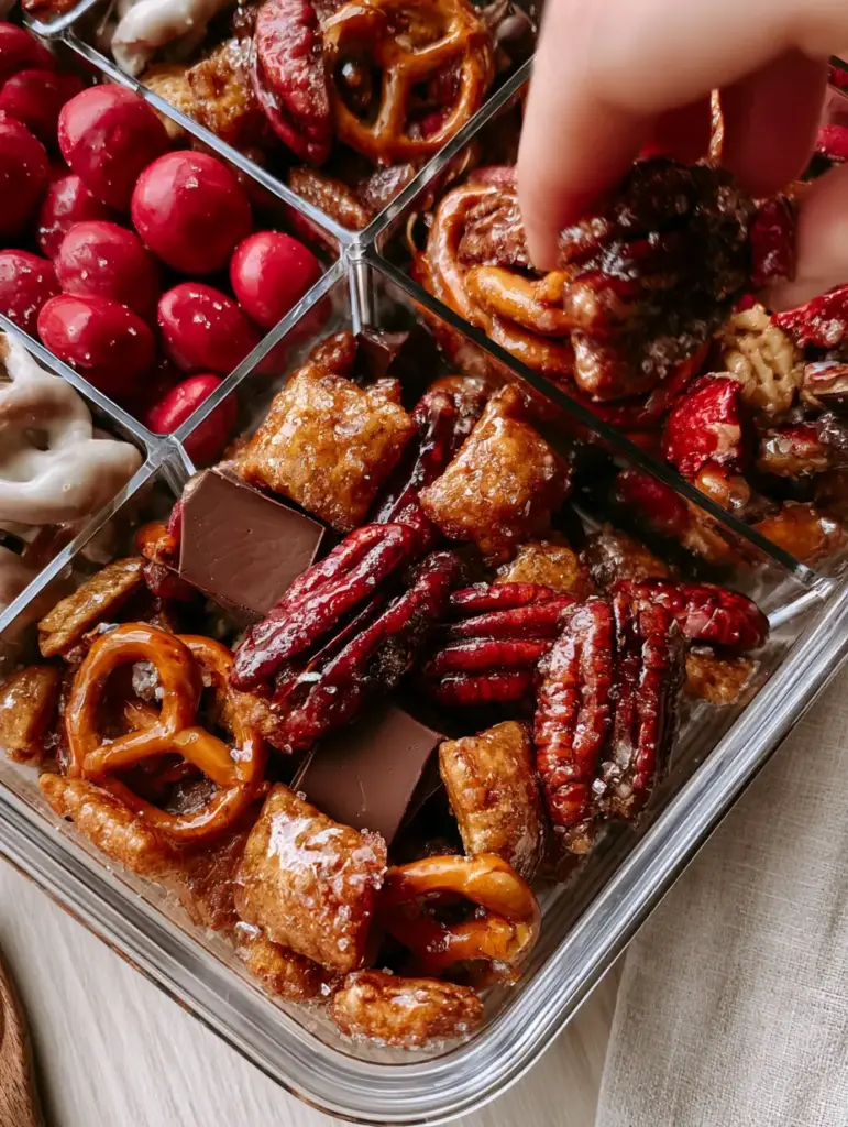 Lifestyle photo of a hand reaching for a cluster of honey-glazed snack mix with red candy-coated chocolates and sea salt flakes.