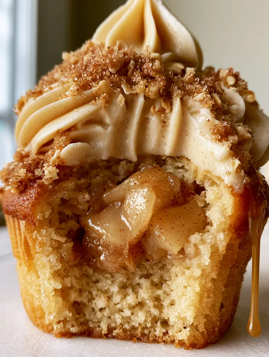 A macro handheld shot of a sliced-open Apple Pie Cupcake revealing a chunky, translucent cinnamon-glazed apple filling and moist golden-brown crumb.