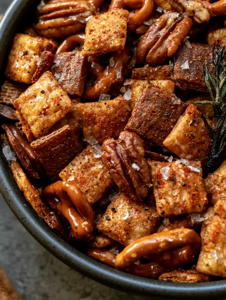 Smoky Snack Mix: The Ultimate Gourmet Savory Blend for Entertaining 1 Gourmet Smoky Snack Mix in a matte black ceramic bowl with charred rosemary garnish on a dark concrete surface.