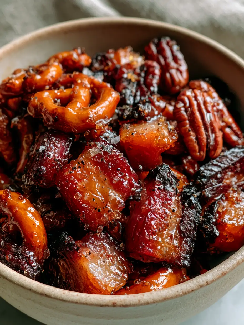 Extreme close-up of maple bacon snack mix showing shimmering amber glaze and crystallized sugar pearls on pecans and pretzels.