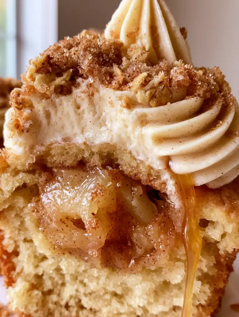Close-up of Apple Pie Cupcakes topped with toasted oat crumble and amber caramel sauce.