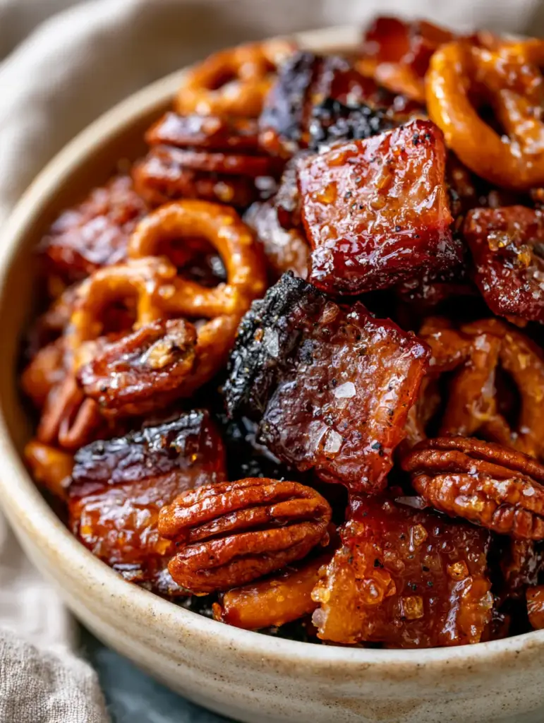 Detailed shot of candied bacon chunks with charred edges and cracked black pepper in the maple bacon snack mix.