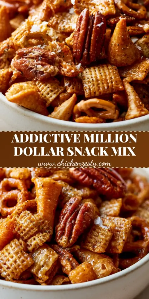 A gourmet Million dollar snack mix overflowing from a matte white ceramic bowl, showing glistening pecans, Chex cereal, and Bugles with sea salt flakes.