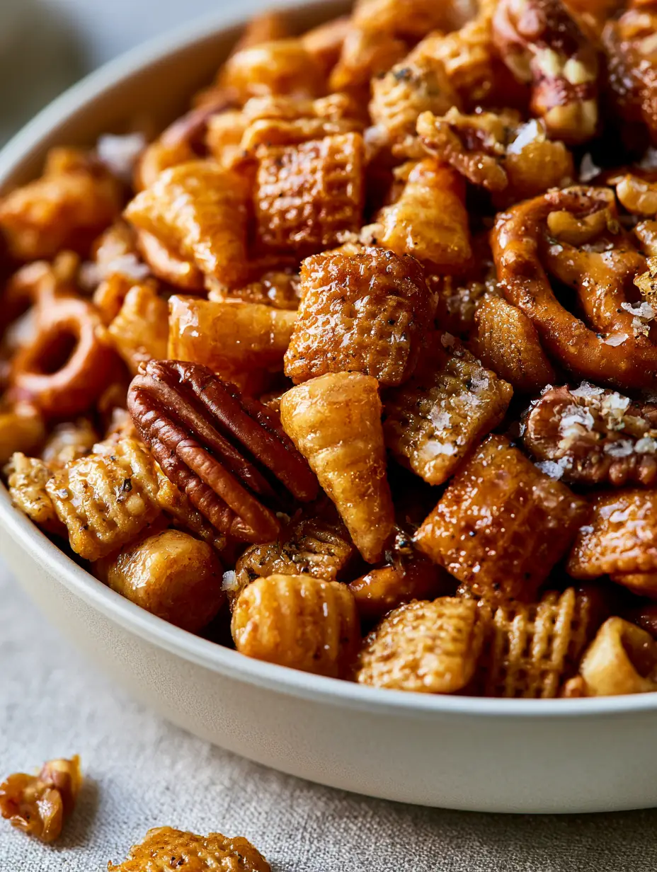 Close-up eye-level shot of Million dollar snack mix with glistening golden butter glaze, pecans, and pretzels.