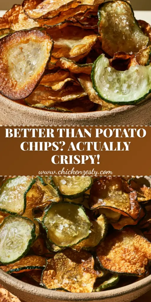 A close-up vertical shot of crispy oven baked cucumber chips with ruffled edges and sea salt in a white bowl.