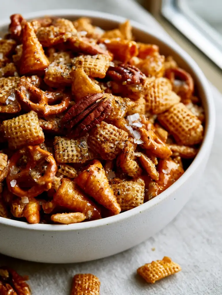 A sophisticated plating of Million dollar snack mix on a light-grey linen surface with soft daylight.