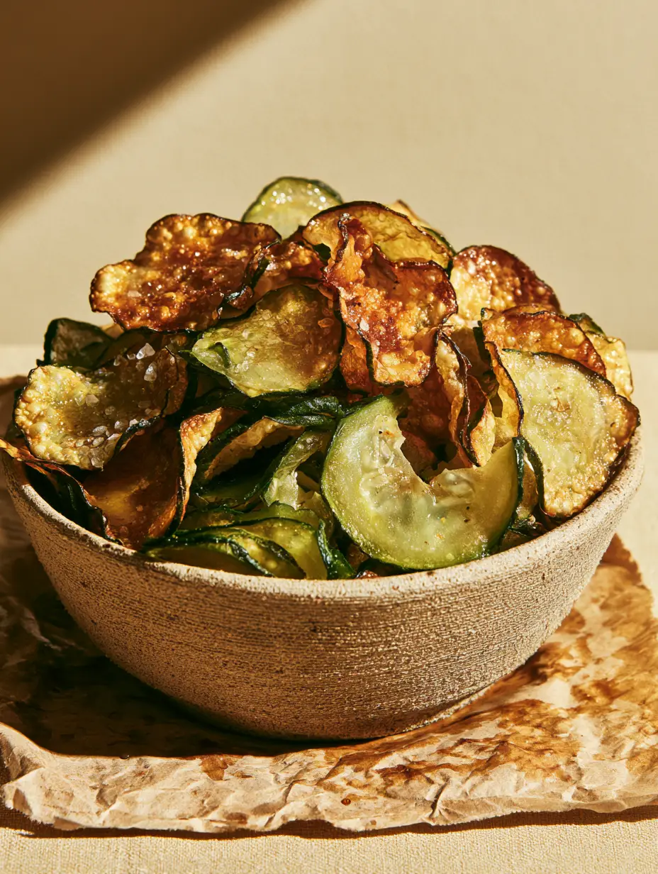 A mountain of ultra-thin, ruffled oven baked cucumber chips piled high in a rustic textured ceramic bowl with visible salt crystals.