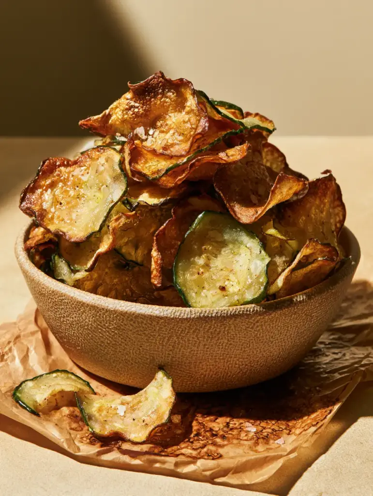 Brittle cucumber chips snapped in half on crumpled brown parchment paper, showing a sharp, clean break and bubbly texture.