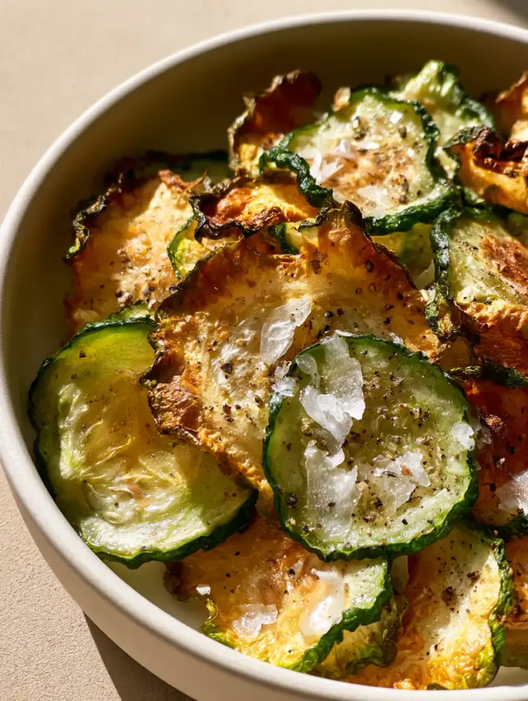 Air-fried cucumber chips heavily seasoned with large sea salt flakes and black pepper.