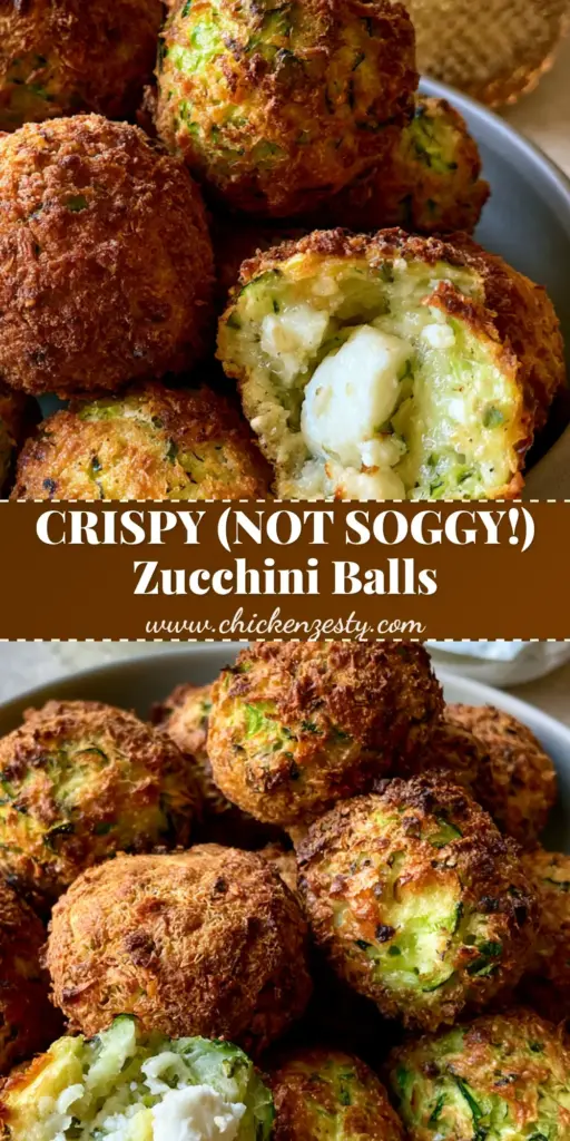 A close-up of crispy golden-brown zucchini balls in a ceramic bowl with steam rising, showing vibrant green flecks and melted feta. (zucchini balls)