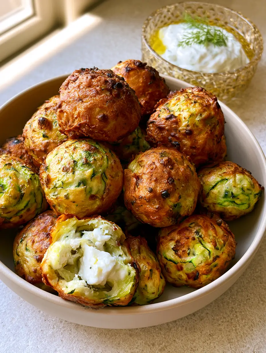 A handheld smartphone photo showing a pile of deeply toasted zucchini balls in a matte bowl next to a Greek yogurt dip. (zucchini balls)