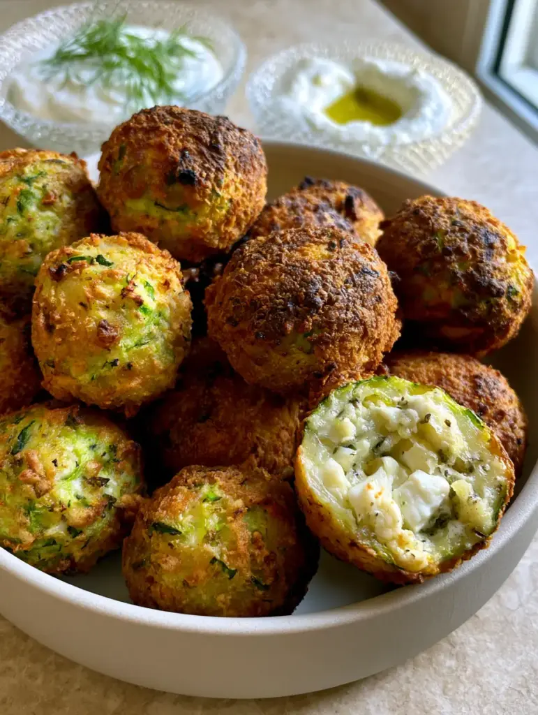 A halved zucchini ball revealing a steaming moist center with chunks of white feta cheese and green herbs. (zucchini balls)