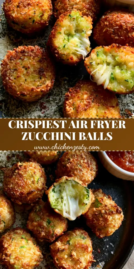 A top-down view of eight crispy Garlic Zucchini Balls on a black plate with a mozzarella pull and marinara dip.