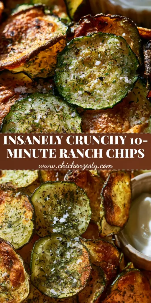 A close-up shot of crispy Ranch cucumber chips with golden-brown blistered edges in a terracotta bowl next to ranch dip. (Ranch cucumber chips)