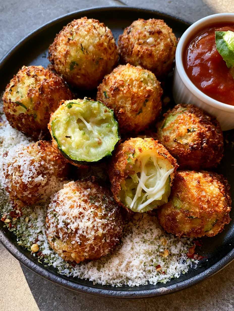 Close up of golden-brown Garlic Zucchini Balls showing the toasted parmesan crust and green zucchini flecks. (Garlic Zucchini Balls)