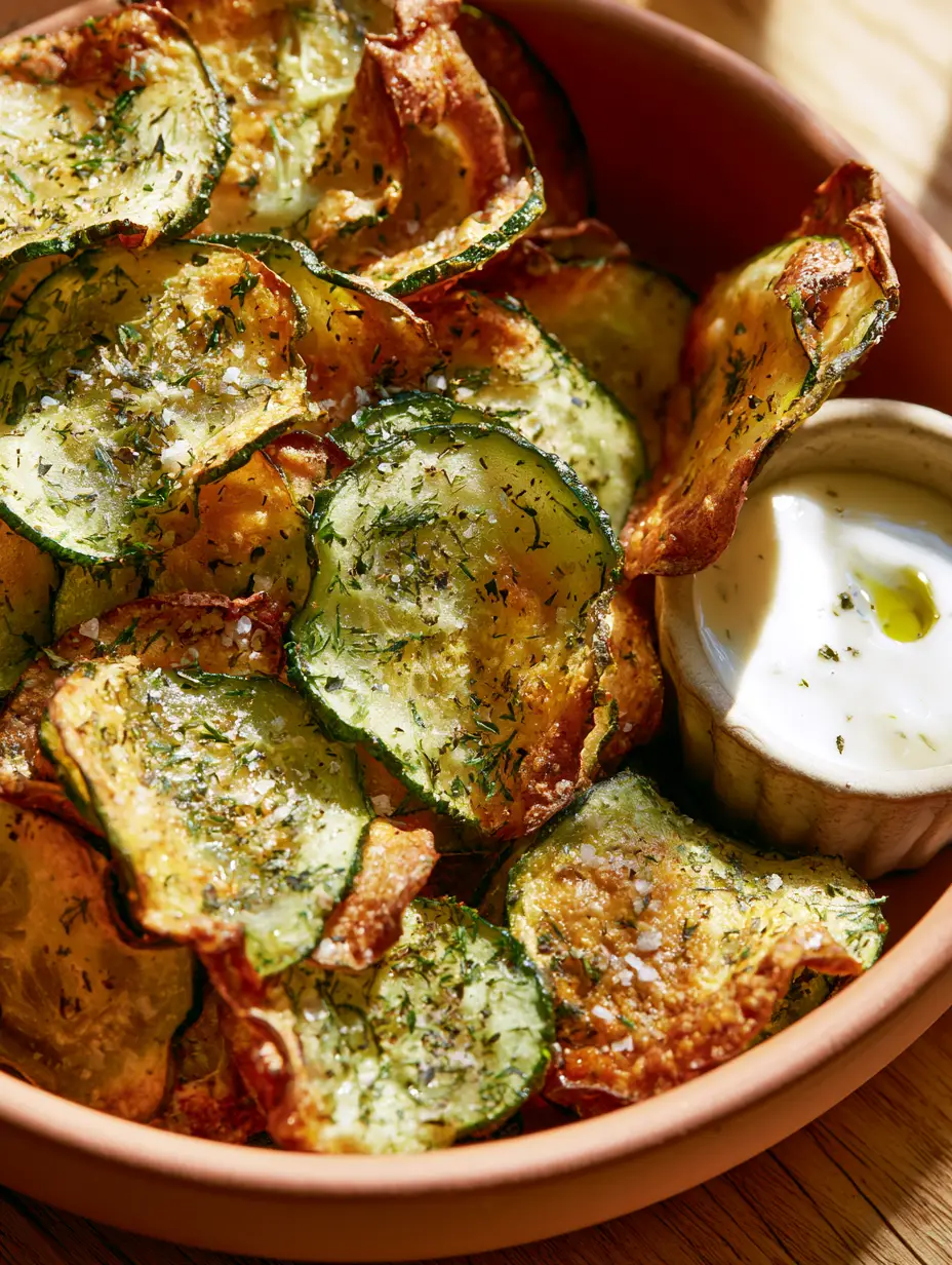 Macro top-down view of thin, curled Ranch cucumber chips with translucent centers and visible dill and parsley seasoning. (Ranch cucumber chips)